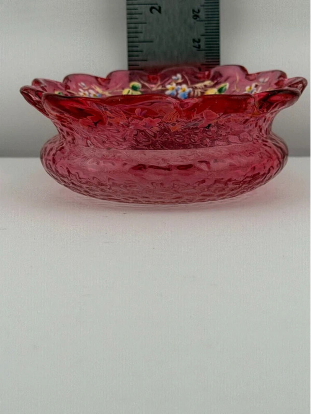 Vintage Fenton Cranberry Glass Trinket Dish Hand Painted Flowers Scalloped Rim